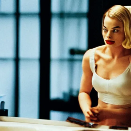 Image similar to still of margot robbie, morning routine in american psycho