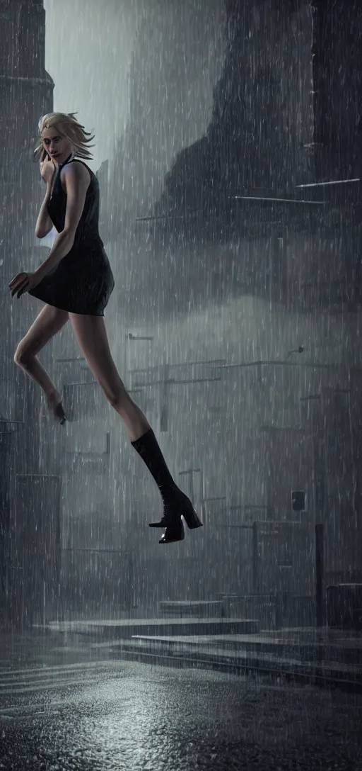 Image similar to beautiful model annie leonhart running on high heels with open toe in dunwall city, beautiful face, detailed face, cinematic lighting, rainy weather, melancholy atmosphere, volumetric light, octane render, dishonored 1, gothic architecture, realistic reflections, octane render 8 k, model agency, studio lighting