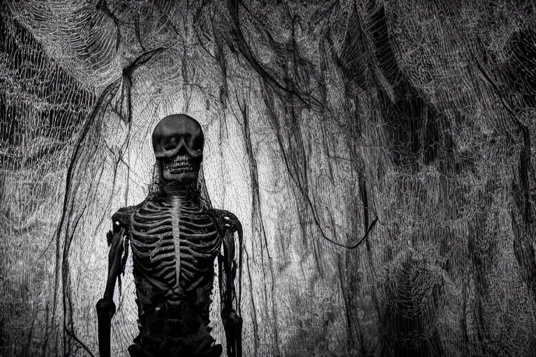 Prompt: portrait of a dusty armored skeleton covered in webs in a cave By Emmanuel Lubezki