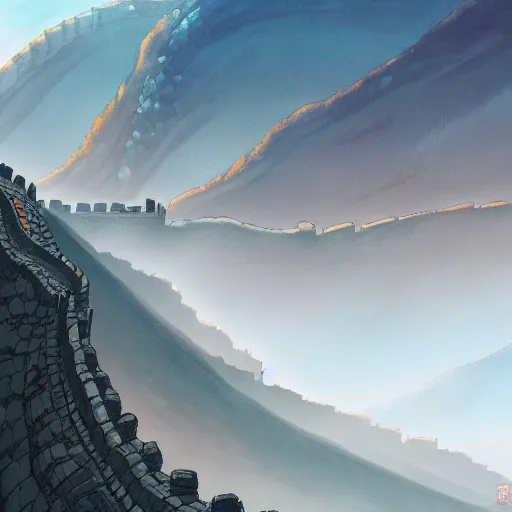 Prompt: The Great Wall, Ghibli, Anime Background, Miyazaki Hayao, concept art, illustration,smooth, sharp focus, intricate, super wide angle, trending on artstation, trending on deviantart, 4K