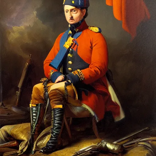 Prompt: an oil painting of Volodymyr Zelensky at war, dressed like Napoleon Bonaparte, his clothes are torn and dirty, he is sitting between corpses and weeping, holding a burnt flag of Ukraine, hyper realistic, hyper detailed, sharp focus, depth of field, High definition, 8k, by Benjamin West