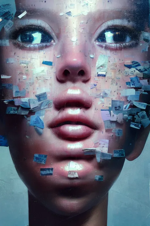 Prompt: 3 d, close - up, happy fashion model looking up, newspaper, tears, poster art, intricate oil painting, high detail, figurative art, multiple exposure, poster art, 3 d, by stanley kubrick and tooth wu and wlop and beeple