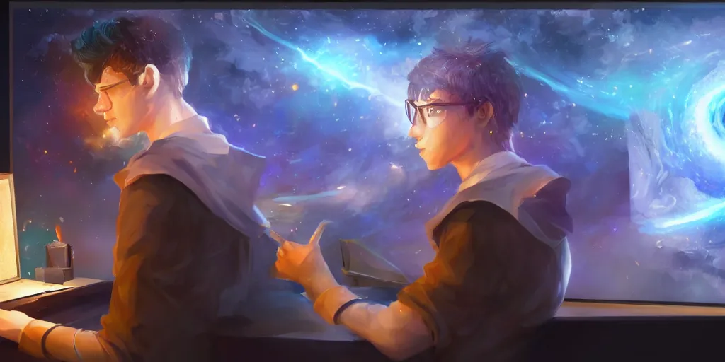 Prompt: a young mage creating a universe in his pc, a male mage in his 2 0 s with black hair sitting in front of huge monitor. extremely detailed, award - winning art, trending on artstation