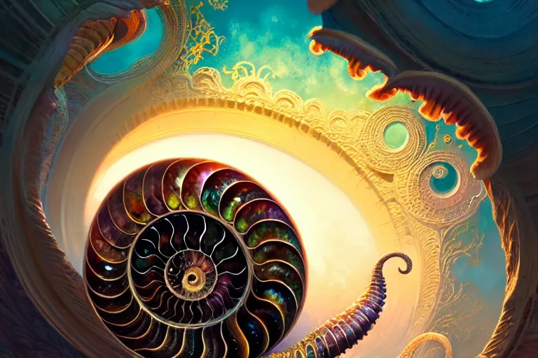 Image similar to fractalized ammonite, filigree, delicate, highly detailed, beautiful opalescent colours, fantasy art by greg rutkowski, rhads, ferdinand knab, makoto shinkai and lois van baarle, ilya kuvshinov, rossdraws, tom bagshaw, global illumination, radiant light,