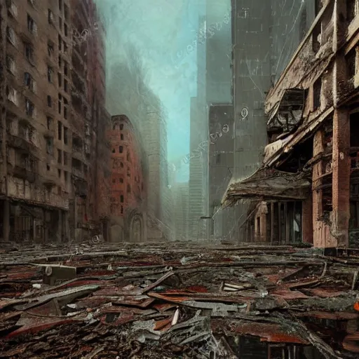 Prompt: realistic Cityscape macro photograph of a dilapidated downtown impacted by climate change by zdzislaw beksinski and Ridley Scott, detailed lighting, high quality, sharp focus, intricate, digital painting, artstation, 4k, 25mm film grain