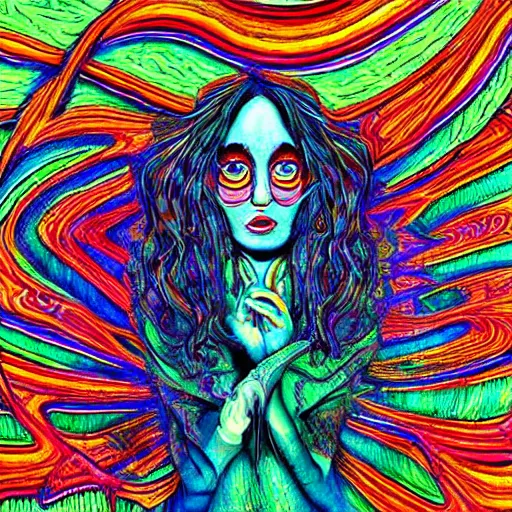 Prompt: “alice in wonderland tripping on LSD. in the style of Alex Grey.”