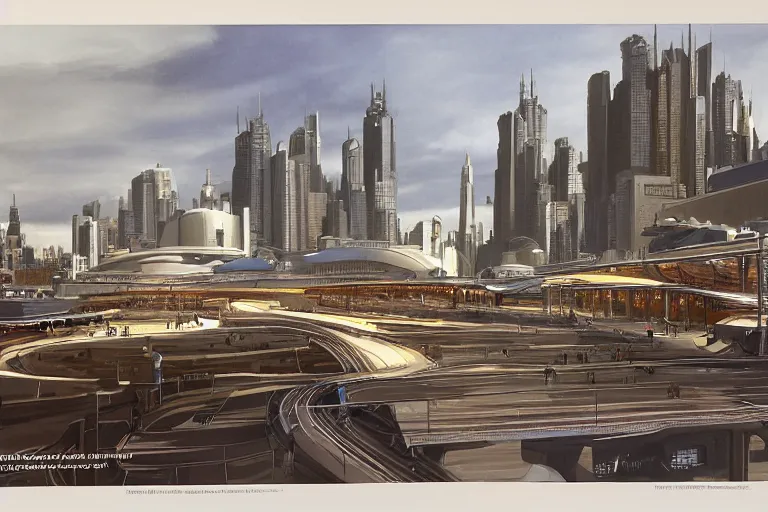 Image similar to ralph mcquarrie concept art for melbourne city landcsape