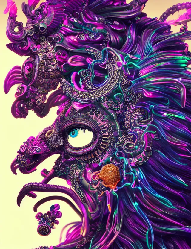 Image similar to 3 d goddess close - up profile portrait with crown, ram skull. beautiful intricately detailed neon japanese crow kitsune mask and clasical japanese kimono. betta fish, jellyfish phoenix, bio luminescent, plasma, ice, water, wind, creature, artwork by tooth wu and wlop and beeple and greg rutkowski