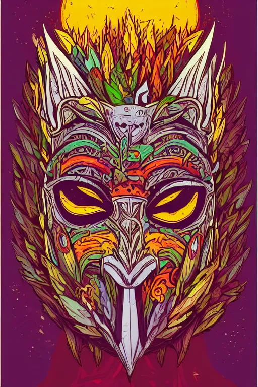 Image similar to animal mask totem roots flower tribal feather gemstone plant wood rock shaman vodoo video game vector cutout illustration vivid multicolor borderlands comics by josan gonzales and dan mumford radiating a glowing aura