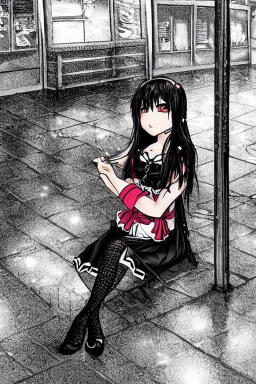 Prompt: A stern girl in Japanese maid's clothes and long stockings sits on the wet pavement in a parking lot in the rain at night. Dark anime drawing in gothic style.