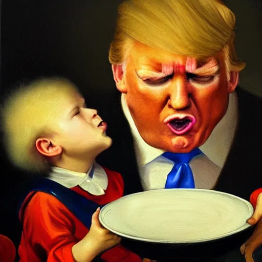 Image similar to a painting of a gigantic Donald Trump eating a boy like Saturn Devouring His Son, 2d, ultra highly detailed, rococo painting, smooth, sharp focus, artstation, pixiv, art by Francisco Goya