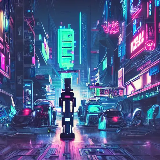 Image similar to a robot uprising rebellion in a cyberpunk city, futuristic, neon, intricate details