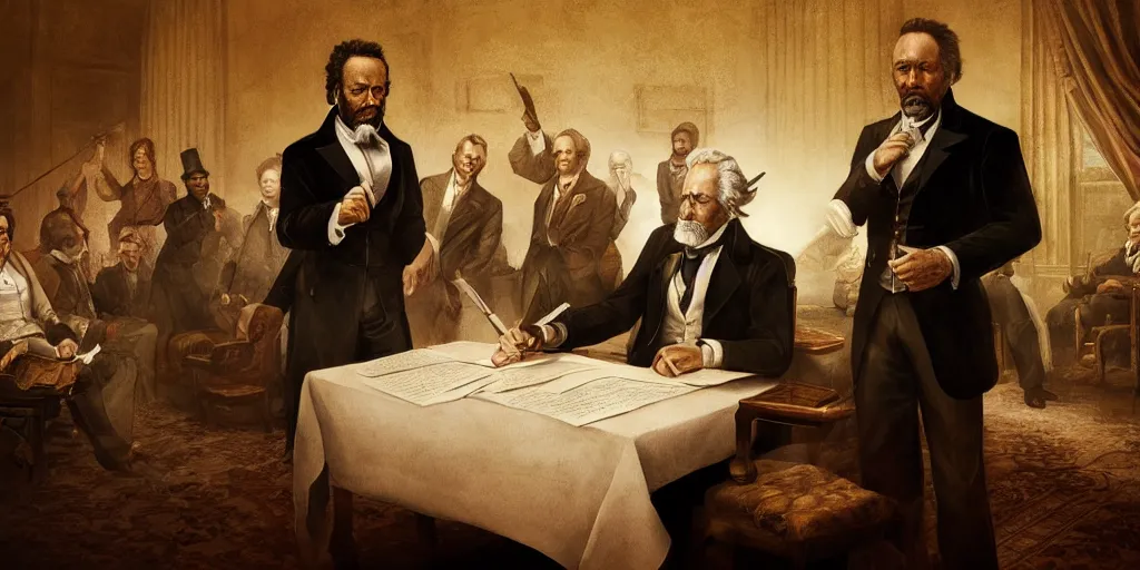 Image similar to five score years ago, a great american, in whose symbolic shadow we stand today, signed the emancipation proclamation. ultrafine colored illustration, hyperrealistic, cinematic atmosphere, intricate linework, sharp focus, octopath traveler, final fantasy, unreal engine highly rendered, global illumination, radiant light, intricate environment