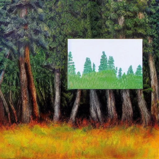 Prompt: A white cube in the middle of a forest landscape, by bob ross
