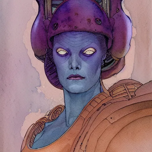 Image similar to a simple and atmospheric watercolour portrait of a pulp sci - fi alien queen, very muted colors, by rebecca guay, michael kaluta, charles vess and jean moebius giraud