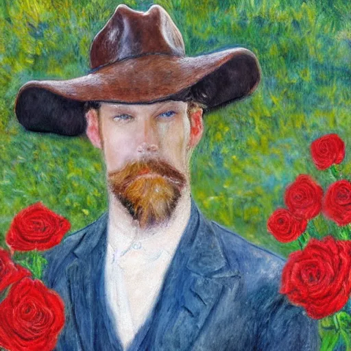 Image similar to an impressionist painting of a tall man with blue eyes and brown hair stands in the middle of a field of red roses. He is wearing a leather wide brim hat and a leather vest. He holds a single red rose in his hand