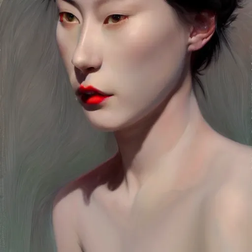 Image similar to yanjun cheng portrait of a beautiful dark fae woman, with black lips, gray mottled skin, black feathers instead of hair, feathers growing out of skin, modestly clothed, intricate, detailed, symmetric face, by wlop and karol bak and bouguereau and viktoria gavrilenko