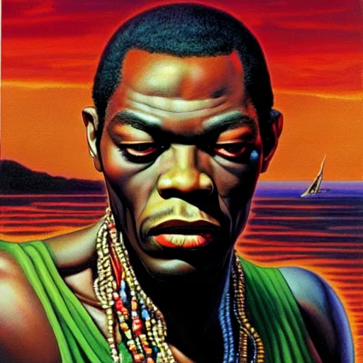 Prompt: fela kuti by clyde caldwell, very detailed, low contrast, dark background, 4 k