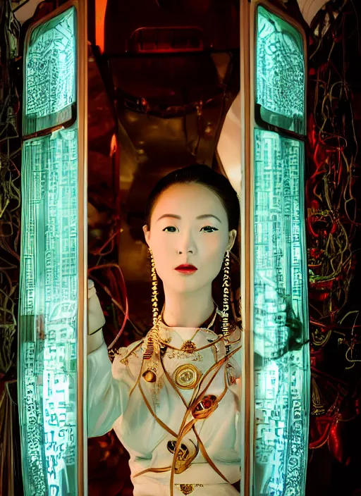 Image similar to photo shoot pose photo of beautiful Chinese ancient princess standing in the corridor in the space ship, symmetrical face, big eyes and lips, looking down, subtle makeup, clean face and body skin,ecstatic expression, ornamental jewelry and ancient translucent clothes, futuristic space ship interrior, wires with lights,depth of field, lens flares, dust in the air, moody lighting, intricate, elegant, highly detailed, centered, smooth, sharp focus, Donato Giancola, Joseph Christian Leyendecker, WLOP, Boris Vallejo, Artgerm moody photography, old photo, black and white, sepia, cinematic lighting, cinematic angle, editorial photography