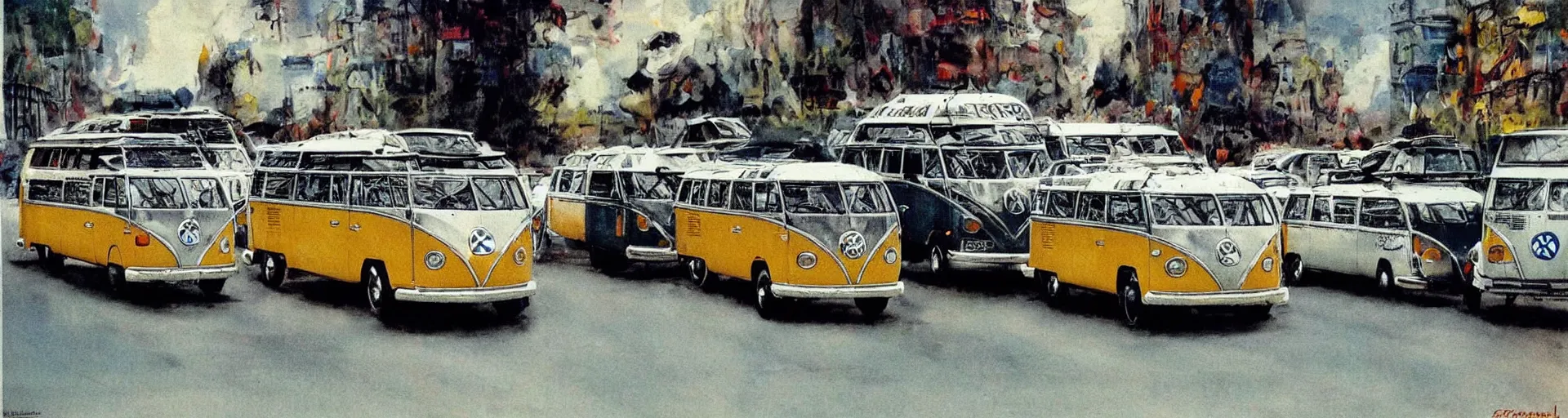 Prompt: a detailed vw buses racing in the street by frank frazetta