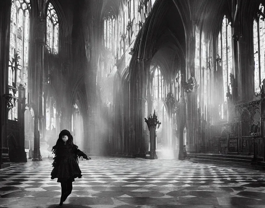 Image similar to a highly detailed unreal engine symmetric portrait of a gothic girl in a richly decorated church with a wet floor and light coming in through the stained windows, boke, tilted frame, henry cartier bresson