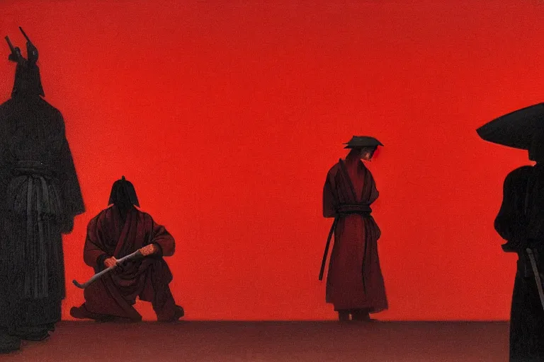 Image similar to only with red, a red samurai harakiri, tokio, a lot of frogs watch, in the style of beksinski, parts by edward hopper, parts by rodcenko, parts by yue minjun, intricate and epic composition, red by caravaggio, insanely quality, highly detailed, masterpiece, red light, artstation, 4 k