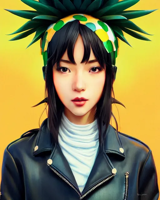 Image similar to pineapple girl wearing a candy hat and leather jacket, fine detail!! anime!! realistic shaded lighting!!, kim hyun joo, pixelated breath, digital painting by ilya kuvshinov, magali villeneuve, artgerm, jeremy lipkin and michael garmash and rob rey