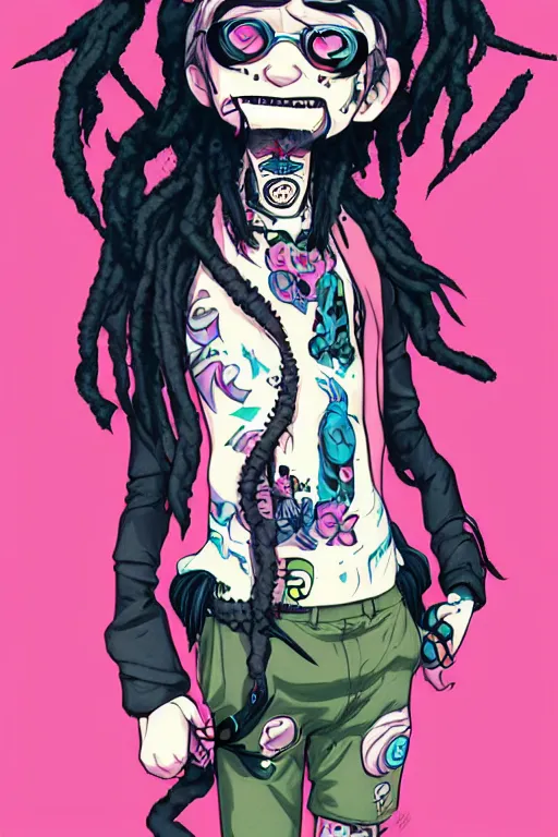 Image similar to kawaii pastel goth guy with dreads and eccentric clothing by jamie hewlett and artgerm, cel shading, toon shading, detailed,