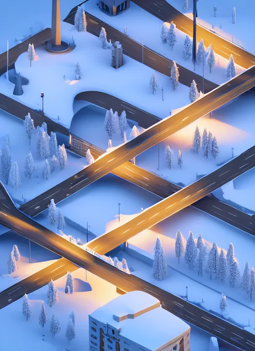 Prompt: a low poly isometric render of winnipeg manitoba in the style of monument valley, provencher bridge, winter, intricate, elegant, smooth shading, soft lighting, illustration, simple, solid shapes, by magali villeneuve, jeremy lipkin and michael garmash, rob rey and kentaro miura style, octane render