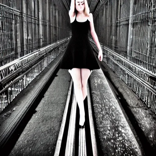 Image similar to girl in a black dress leaning against a bridge rail, chromatic aberration, glitch art,