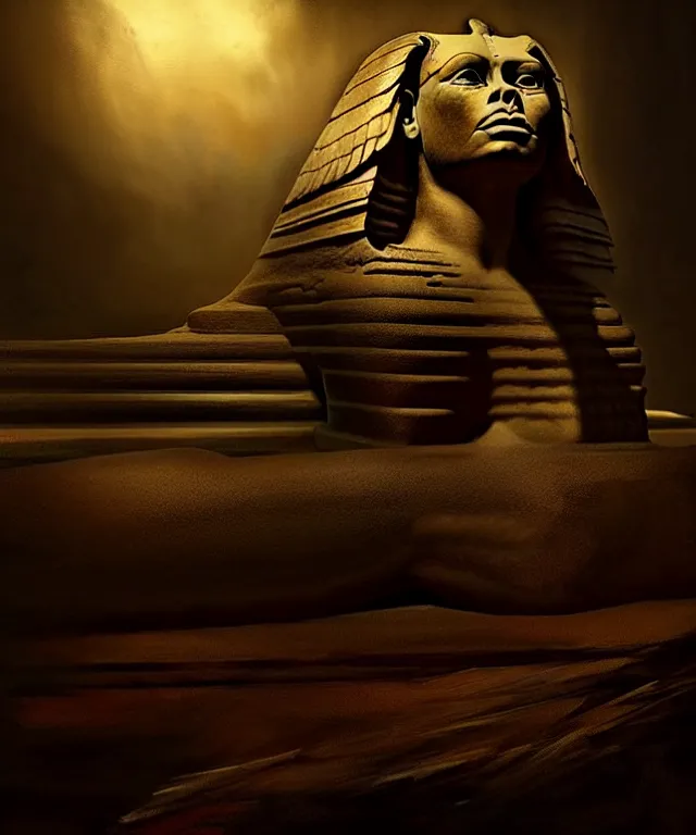 Image similar to epic professional digital art the sphinx, horrific yet beautiful vibe, evocative, atmospheric lighting, painted, intricate, highly detailed, by leesha hannigan, wayne haag, reyna rochin, ignacio fernandez rios, mark ryden, iris van herpen, artstation, cgsociety, stunning, gorgeous, sharp focus, cinematic, masterpiece