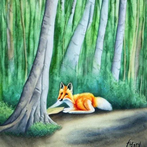Image similar to fox in a forest by kevin finney blindfish, watercolor, painting, pastel colours, illustration