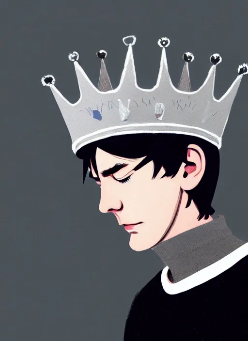 Image similar to portrait of teenage jughead jones wearing a light grey crown, photorealistic, crown, eyes closed, crown, black hair, sweater with letter s on it, letter s, intricate, elegant, glowing lights, highly detailed, digital painting, artstation, concept art, smooth, sharp focus, illustration, art by wlop, mars ravelo and greg rutkowski