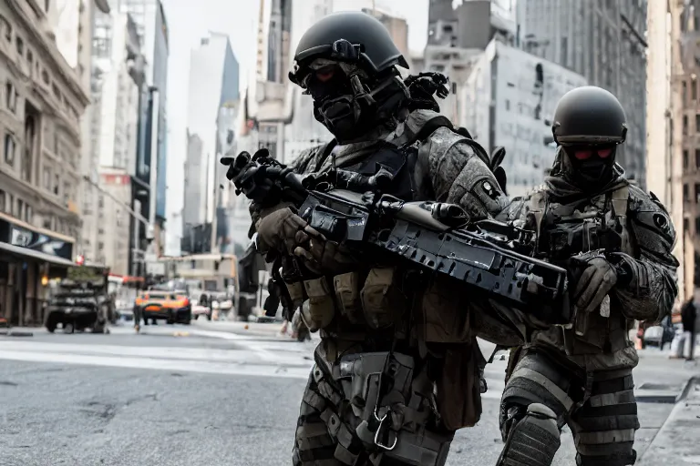 Image similar to Mercenary Special Forces soldiers in grey uniforms with black armored vest and helmets in urban warfare in New York 2022, Canon EOS R3, f/1.4, ISO 200, 1/160s, 8K, RAW, unedited, symmetrical balance, in-frame, combat photography