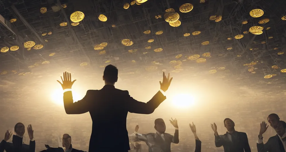 Image similar to Dramatic photo of a CEO waving goodbye to a group of silhouettes of his coworkers in a futuristic office. Golden coins are levitating all around them. 8k, high detail, trending on Artstation, volumetric lighting, cyberpunk