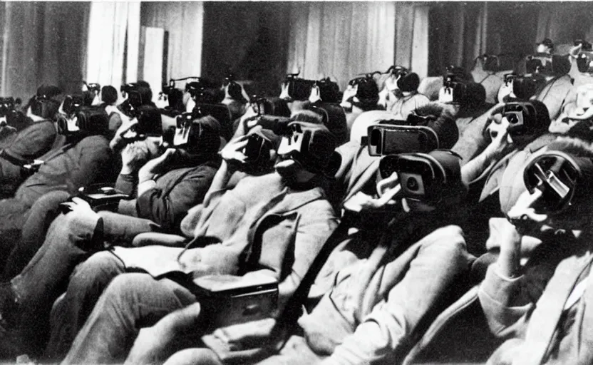 Image similar to 1 9 0 0 s photo of people using iphones ipods virtual reality headsets vr in a movie theater masterpiece