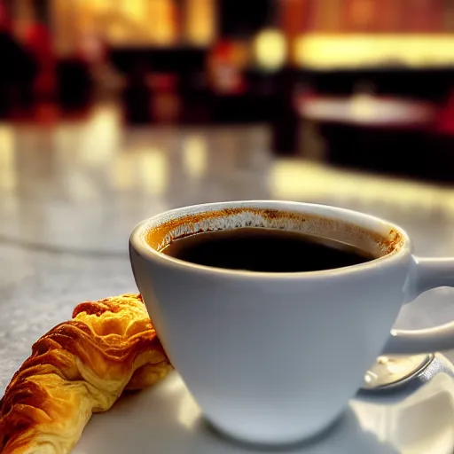 Prompt: realistic detailed photo of a steaming cup of coffee on a saucer with a flaky pastry on the side and a coffee spoon next to it on the table, hotel lobby in the background, hdr, volumetric lighting, dim light, diffuse light, depth of field