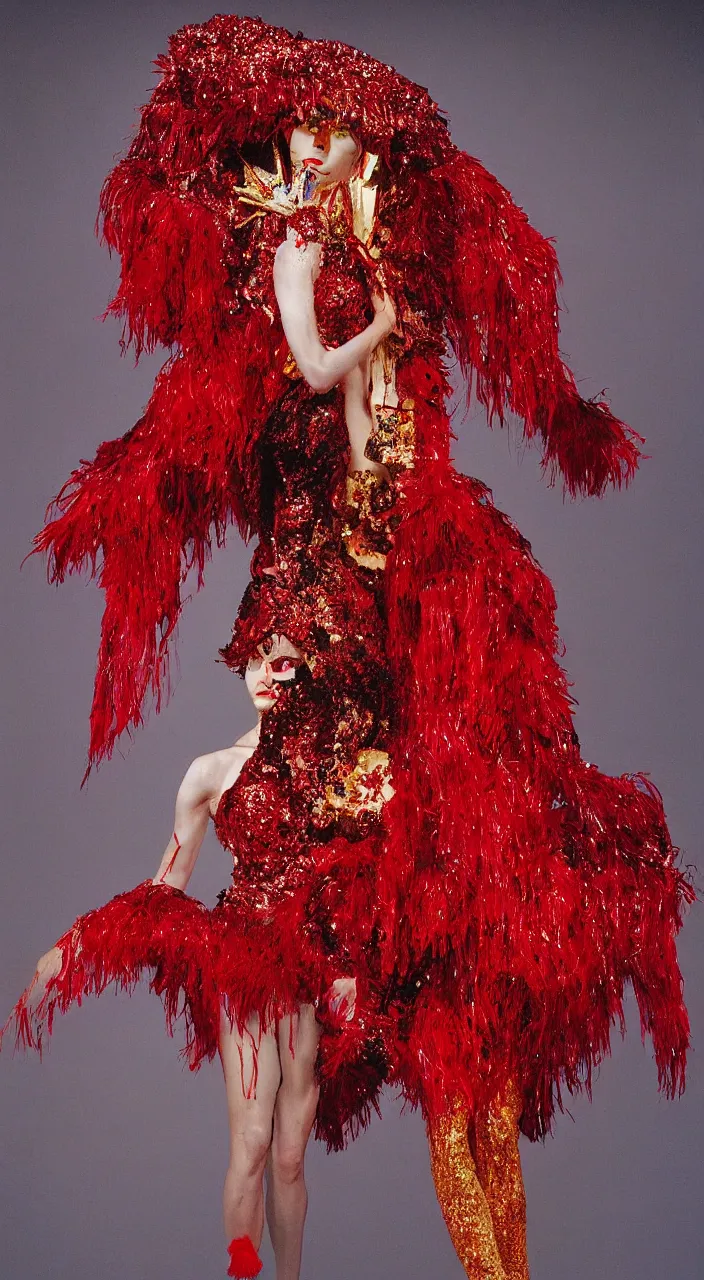 Prompt: a fashion character design wearing a red sequined bodysuit, alexander mcqueen headdress, costume by eiko ishioka, haute couture, steven outram, colorful and psychedelic