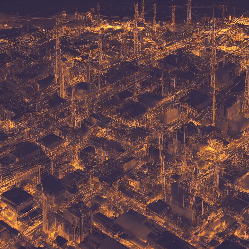 Prompt: overhead establishing shot at night of a massive, complex electrical power station made of shiny metal, transformers, powerlines, insulators, volumetric lights, sparks firing, wires glowing, 8 k, ultra realistic, photorealistic, maxwell render, arnold render, golden ratio, night lights