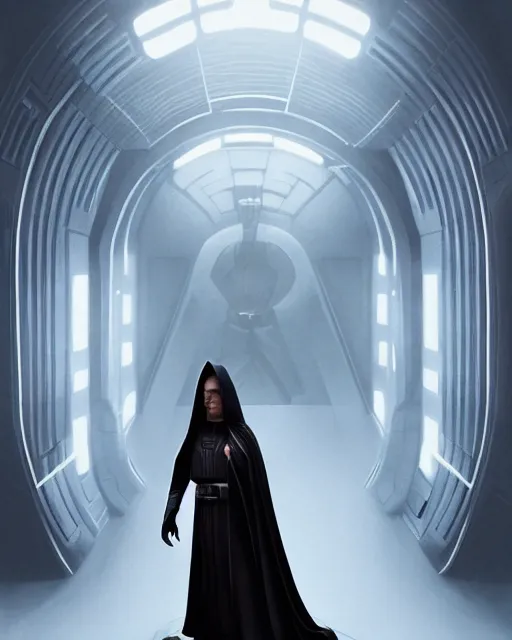 Prompt: half body shot, beautiful woman dark lord of the sith wearing a hooded jedi cloak, standing in deathstar hallway, rim light, volumetric lighting, digital painting, artstation, concept art, smooth, sharp focus, illustration, art by arney freytag, glamour pose, greg rutkowski, soft ambient lighting, particle effects