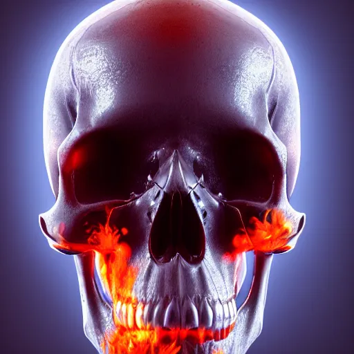 Prompt: a highly detailed human skull with intricate designs on fire in front of a glowing red background, 3 d, fire through eyes, octane render, symmetrical, hyper realism, highly detailed, digital art, artstation, concept art, cinematic lighting, strong bokeh, trending