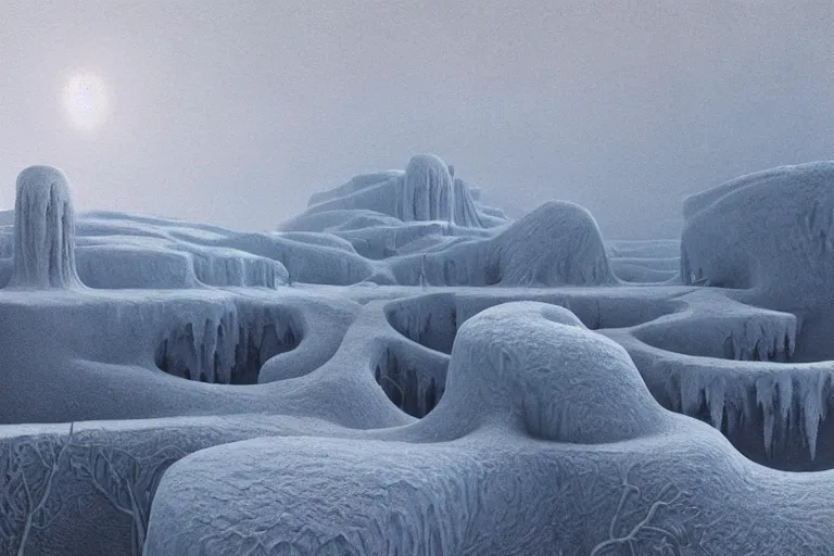 Image similar to a hd render of a surreal frozen landscape, by beeple and zdzisław beksinski