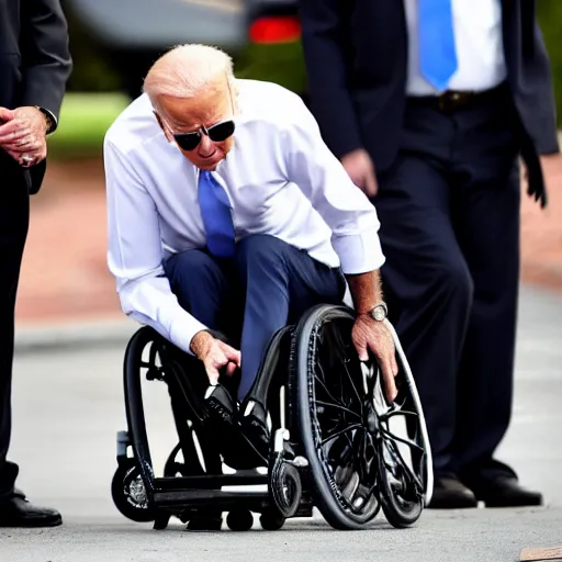 Image similar to joe biden falling off his wheelchair faceplanting on the ground, award winning photo