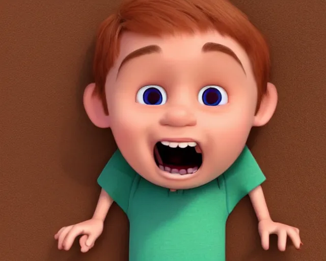 Image similar to detailed cartoon portrait of a little boy with a runny nose singing to his grandpa, 3 d pixar, sharp high quality