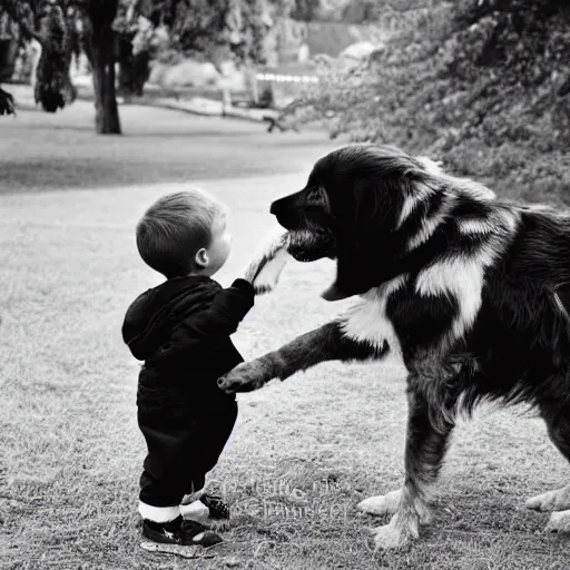 Prompt: a short young looking guy playing with his black and white dog