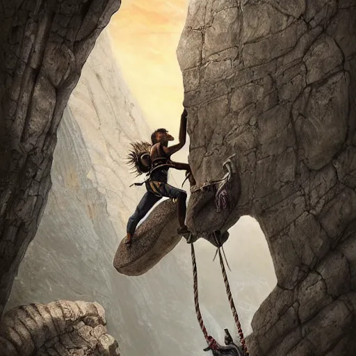 Image similar to rock climber climbing a giant ancient dragons skull, very detailed, fantasy art, dungeons and dragons, belaying, ropes, landscape, cover of national geographic
