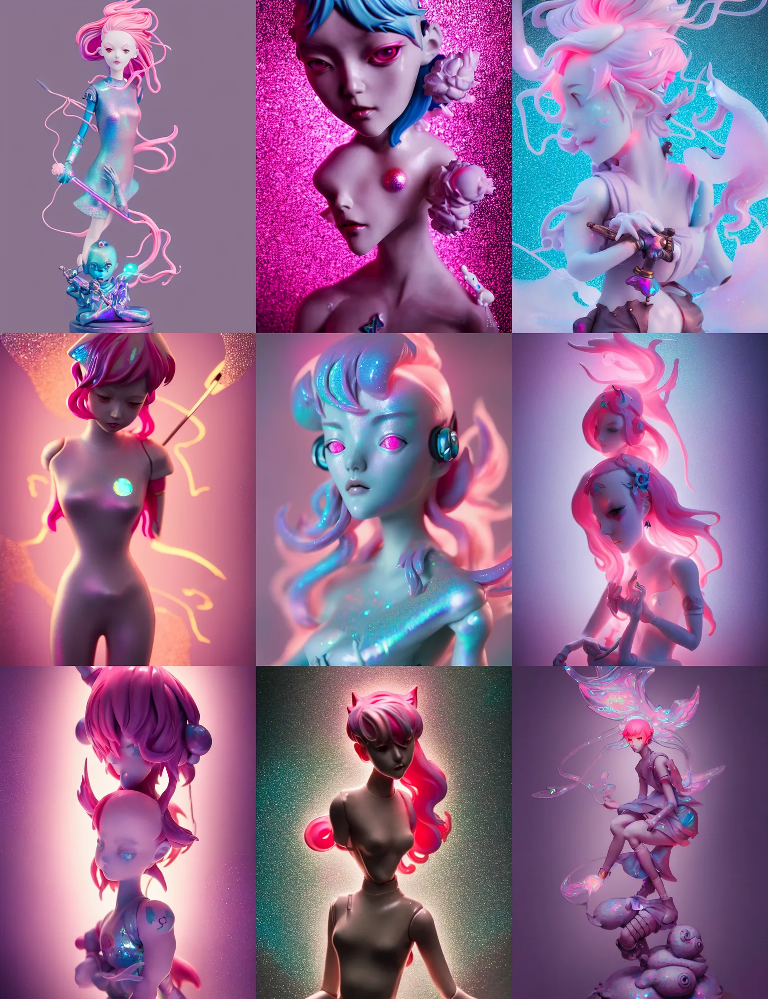 Prompt: james jean, loish isolated magical girl vinyl figure, figure photography, glitter accents on figure, holographic undertones, anime stylized, high detail, ethereal lighting, rim light, expert light effects on figure, sharp focus, dramatic composition and glowing effects unreal engine, octane, editorial awarded design