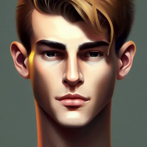 Image similar to tall man in his twenties with brown blond short quiff hair and slightly round facial structure with cleft chin, straight eyebrows and prominent nose, good definition of cheekbones, big hazel nut brown eyes, narrow face, slim body, atmospheric lighting, painted, intricate, 4 k, highly detailed by charlie bowater