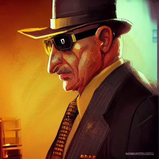 Image similar to “A portrait of a mafia boss in a golden suit, D&D sci-fi, artstation, concept art, highly detailed.”