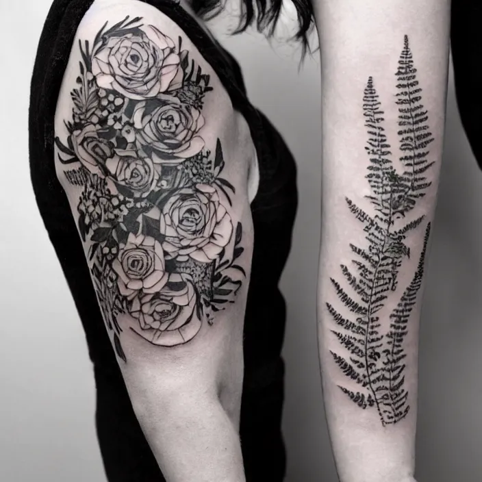 sleeve tattoo with a ranunculus surrounded by fern